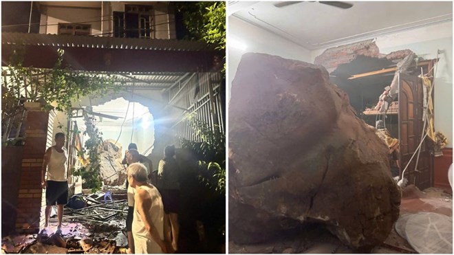 Stones roll down into people's houses in Hop Tien village, Chi Lang commune, Lang Son. Photo: Ngo Diem (Photo taken on the night of August 23 and early morning of August 24, 2026).