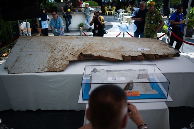 Boeing 777 aircraft wreckage identified as belonging to Malaysia Airlines missing MH370, displayed in Kuala Lumpur March 3, 2019. Photo: AFP