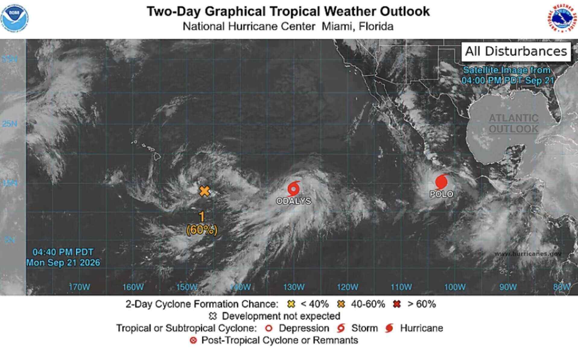 Bão Polo và bão Odalys cùng xuất hiện trên Thái Bình Dương ngoài khơi Mexico, ngày 21.9 (giờ địa phương). Ảnh: NHC