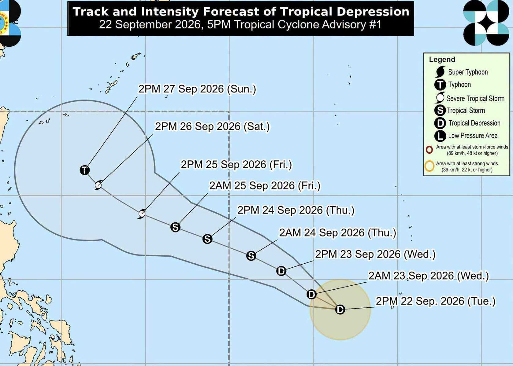 The path and forecast intensity of the new tropical depression, with the possibility of strengthening into a storm and reaching typhoon level by the weekend, recorded on September 22. Photo: PAGASA