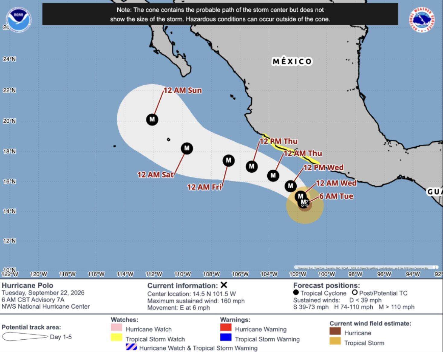 Dự báo đường đi và cường độ bão Polo từ ngày 22-27.9. Ảnh: NOAA