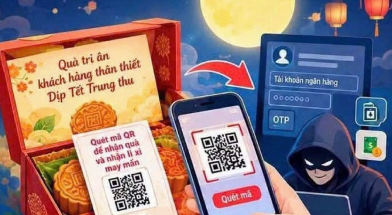 Dịp Tết Trung thu, người dân cần cảnh giác với thủ đoạn lừa đảo bằng hình thức gửi quà tri ân, bánh Trung thu, voucher hoặc thiệp tặng quà kèm mã QR. Ảnh: Bộ Công an