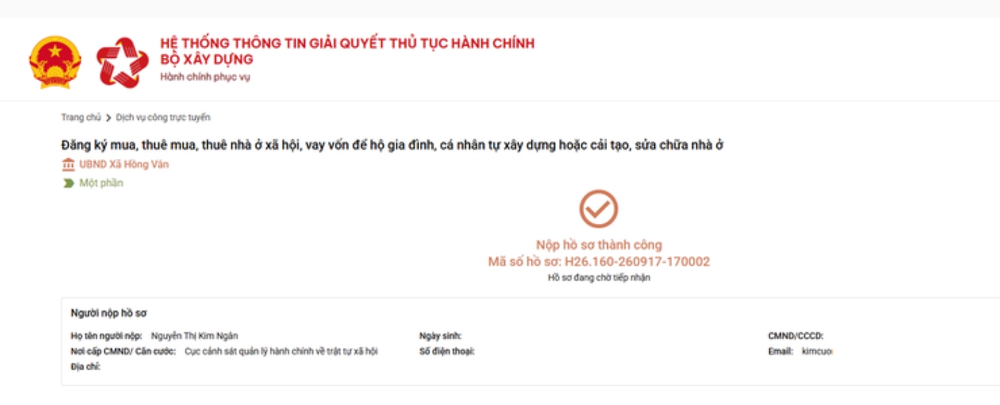 Nộp hồ sơ thành công