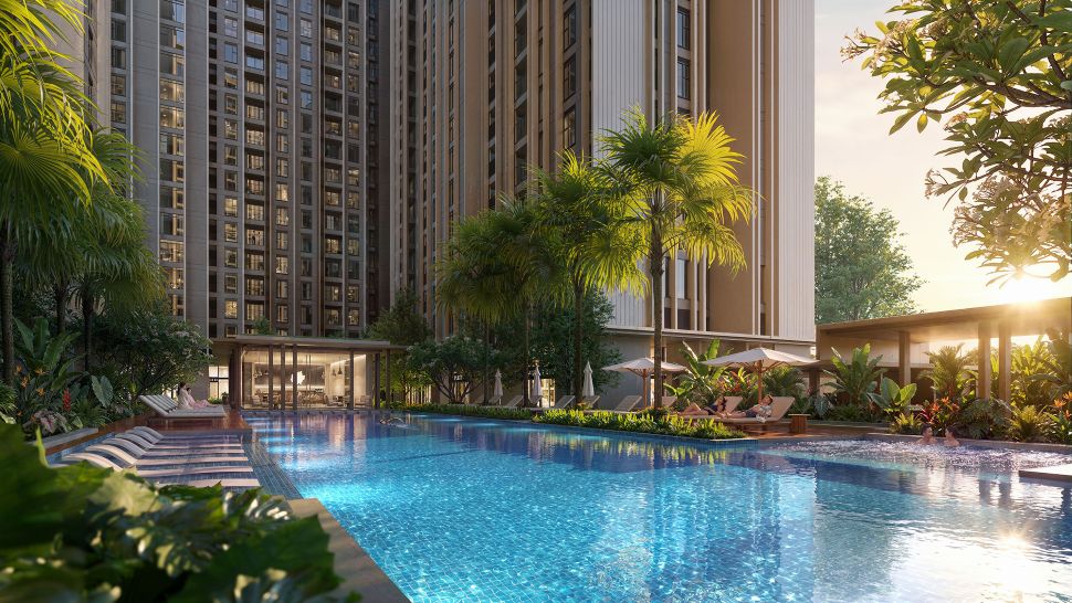 Cụm hồ bơi Aura Flow và bể sục Jacuzzi được quy hoạch giữa thảm xanh nội khu, mang lại không gian thư giãn chuẩn resort. Ảnh: MIK Group 