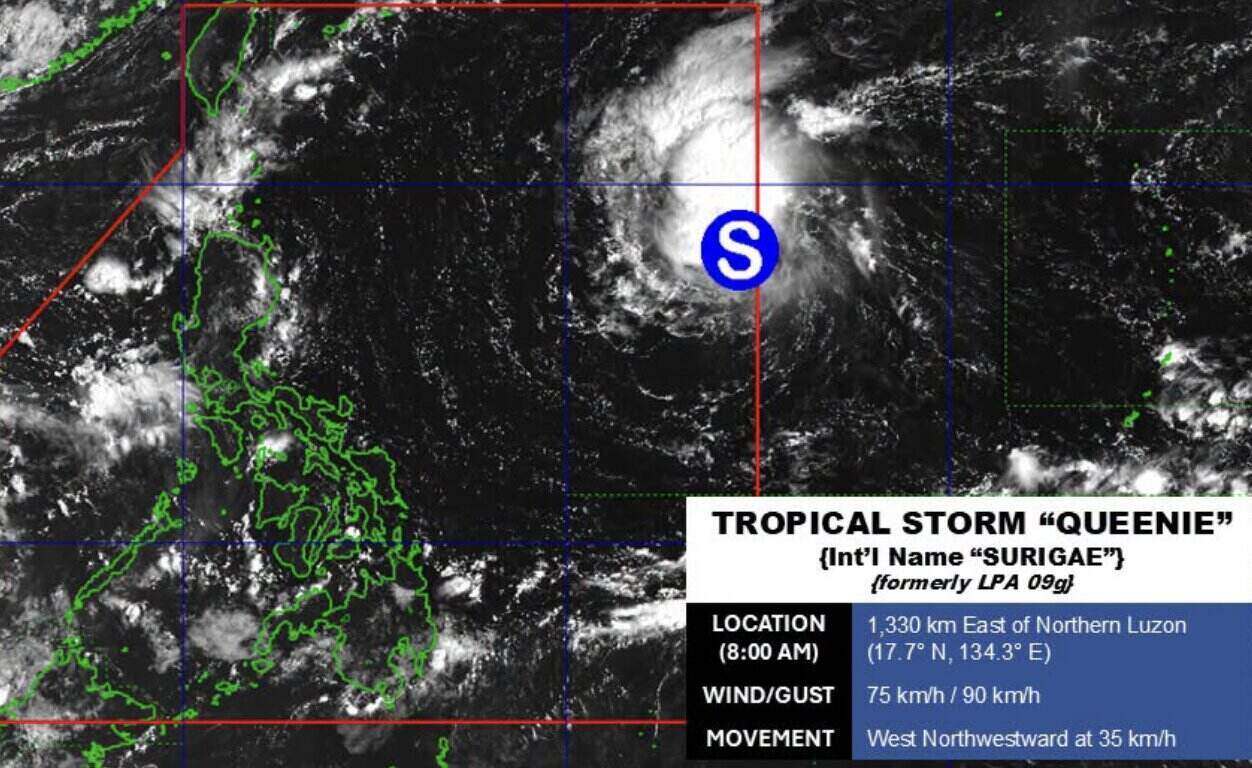 Vị trí và cường độ bão Surigae (tên địa phương là Queenie), cập nhất lúc 8h ngày 24.9 (giờ Philippines). Ảnh: PAGASA