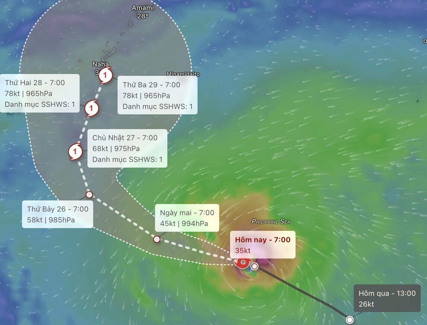 24日から29日までの台風スリゲの進路予測。9. 写真:Windy