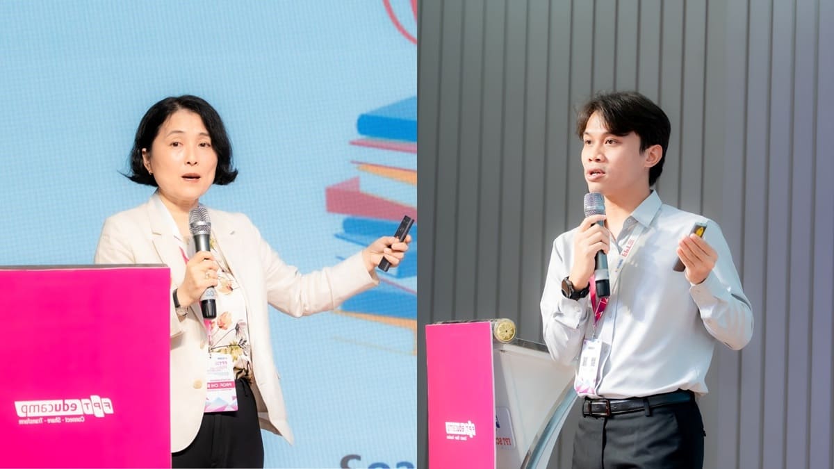Hai diễn giả tại phiên toàn thể FPT Educamp 2026. Ảnh: Khối Giáo dục FPT
