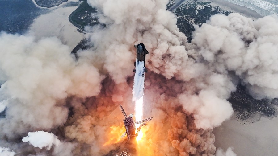 Close-up of Starship rocket exploding when returning from Earth orbit