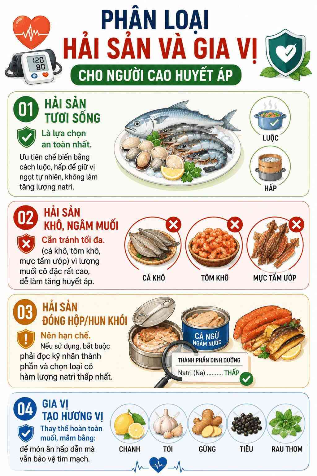 Infographic: Phân loại nhóm hải sản an toàn và rủi ro cho người cao huyết áp. Đồ họa: AI