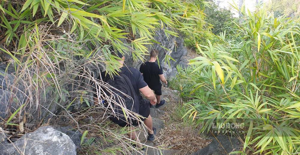 Những năm trước, thỉnh thoảng du khách nước ngoài vẫn vượt rào leo lên đỉnh núi Bài Thơ. Trong ảnh là 2 du khách nước ngoài đang leo lên đỉnh núi Bài Thơ tháng 3 năm 2023. Ảnh: Nguyễn Hùng