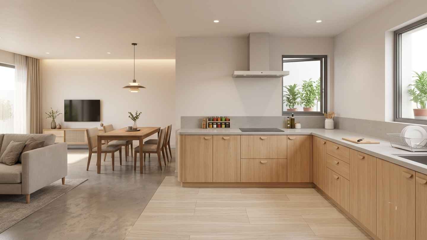 El espacio de la cocina debe estar dispuesto de forma ventilada, con un diseño fácil de limpiar y seguro de usar. Foto con el apoyo de la IA