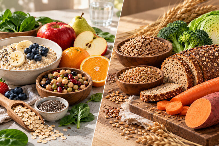 High-fiber foods such as oats, fruits, beans, whole grains and green vegetables contribute to supporting digestion and overall health. Illustrative photo: AI