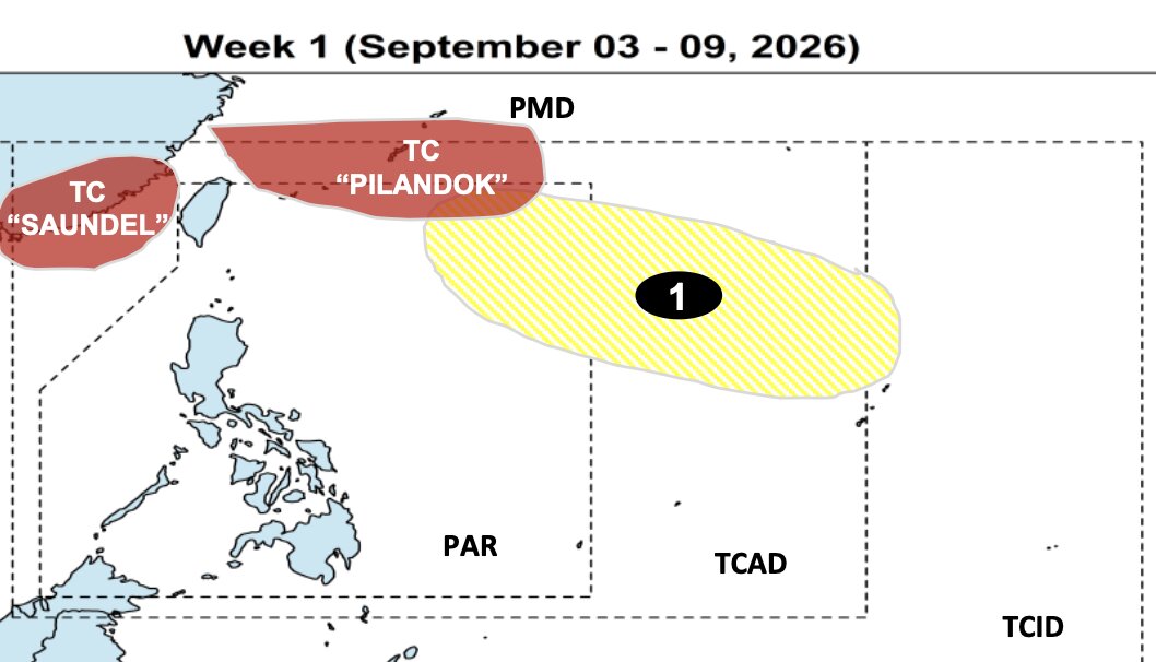 Tropical cyclone activity forecast from September 3-9, with storms Pilandok and Saundel and a new cyclone area being monitored. Photo: PAGASA