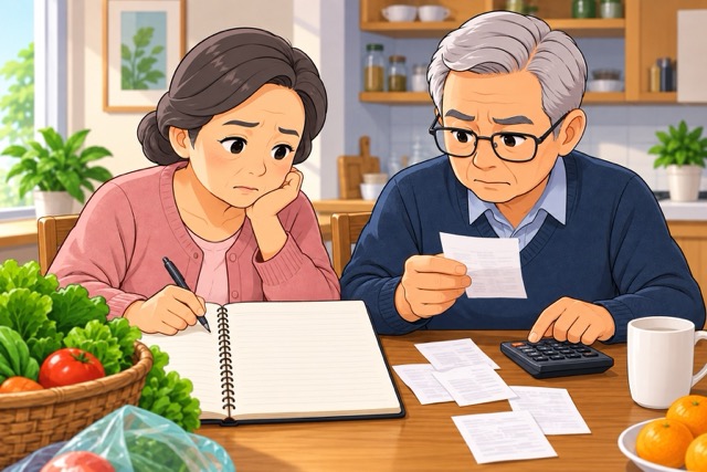 Husband and wife retire and calculate spending to reduce the pressure of old age life. Photo created by AI