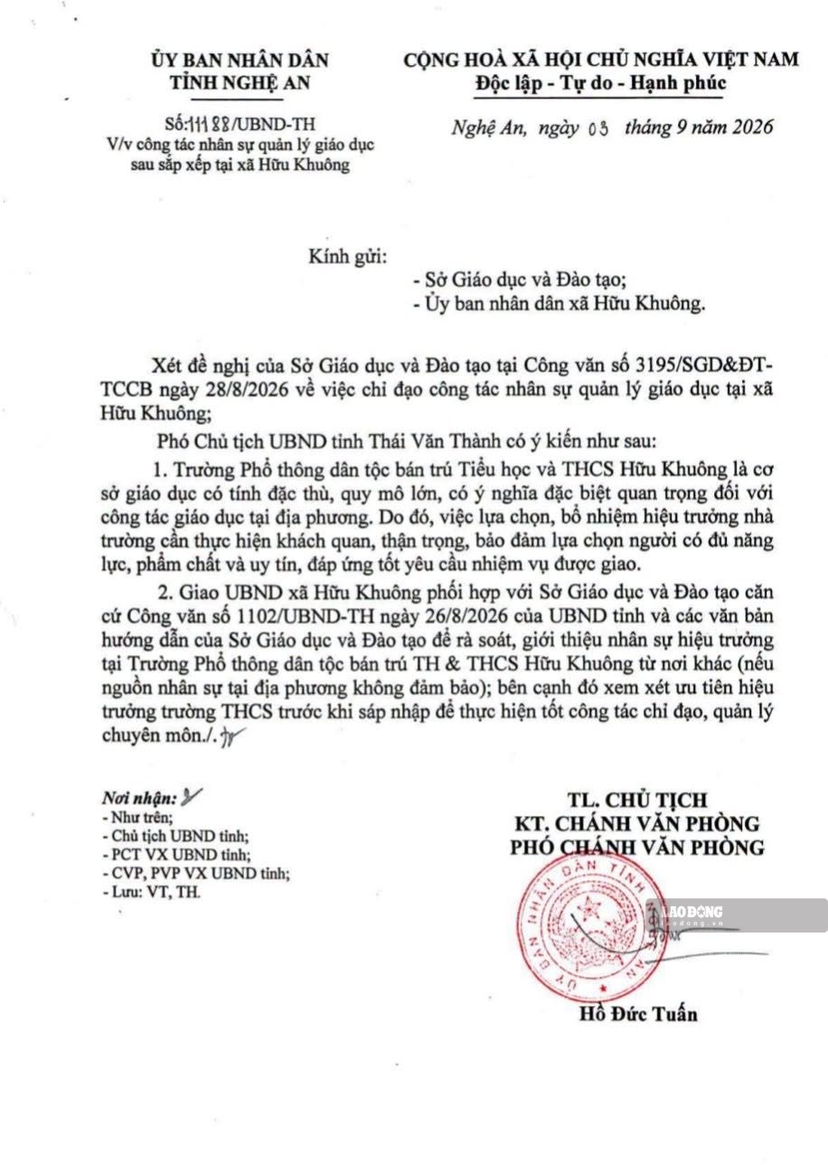 Công văn của UBND tỉnh Nghệ An chỉ đạo về công tác nhân sự hiệu trưởng Trường PTDTBT Tiểu học và THCS Hữu Khuông sau sắp xếp. Ảnh: Duy Chương 