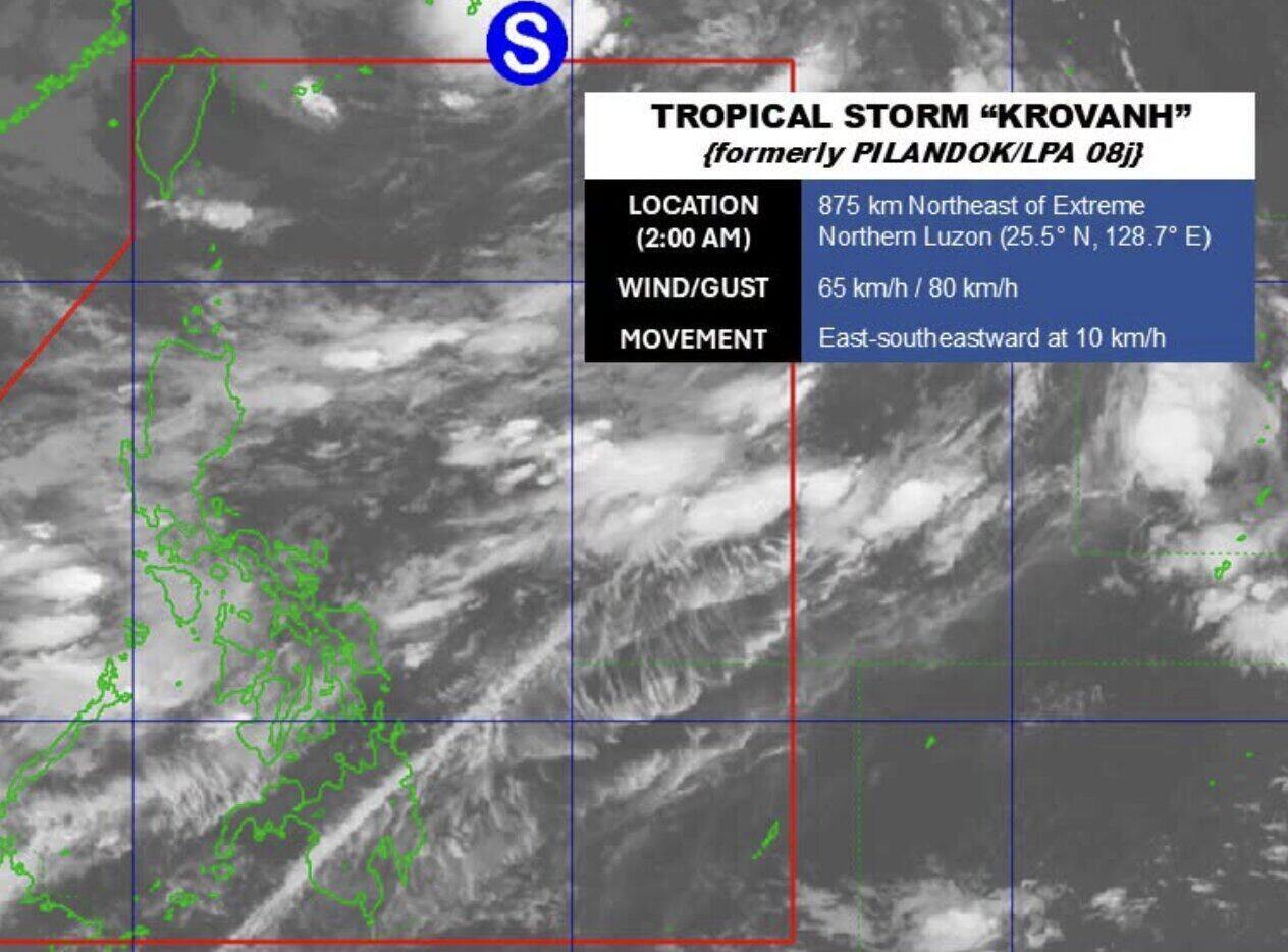 Typhoon Krovanh is currently outside the Philippine Forecast Area, 875km north of Luzon, maintaining winds of 65 km/h. Photo: PAGASA