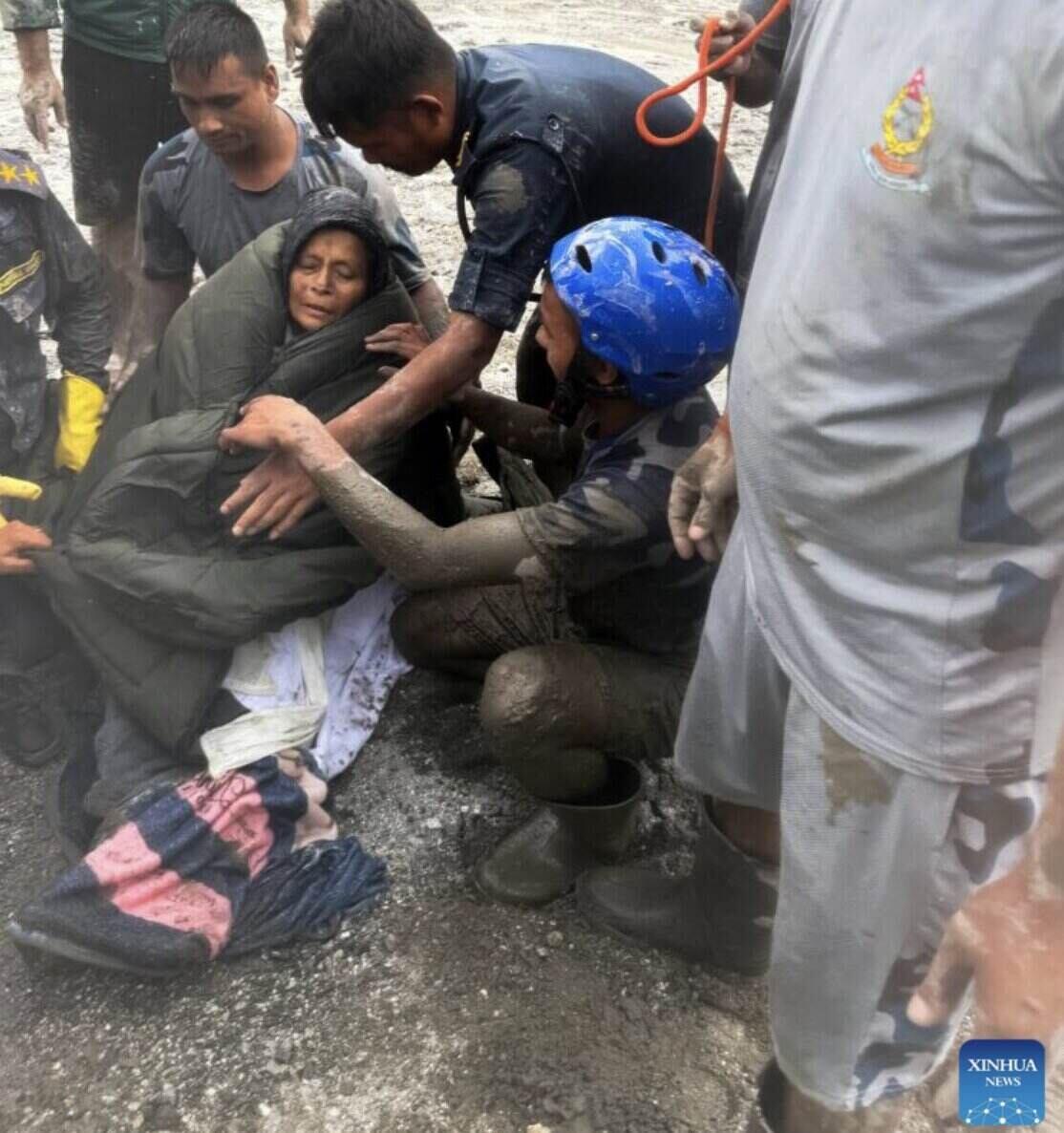 The 64-year-old woman was rescued by rescue forces in Nuwako district, Nepal, September 5, 2026, 10 days after the deadly landslide on August 26. Photo: Xinhua