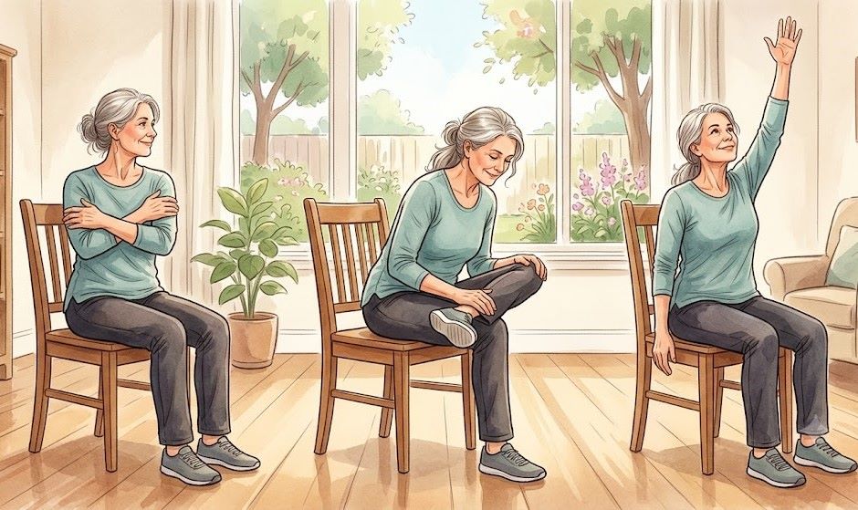Exercises with chairs help reduce stiffness and improve flexibility. Photo supported by AI