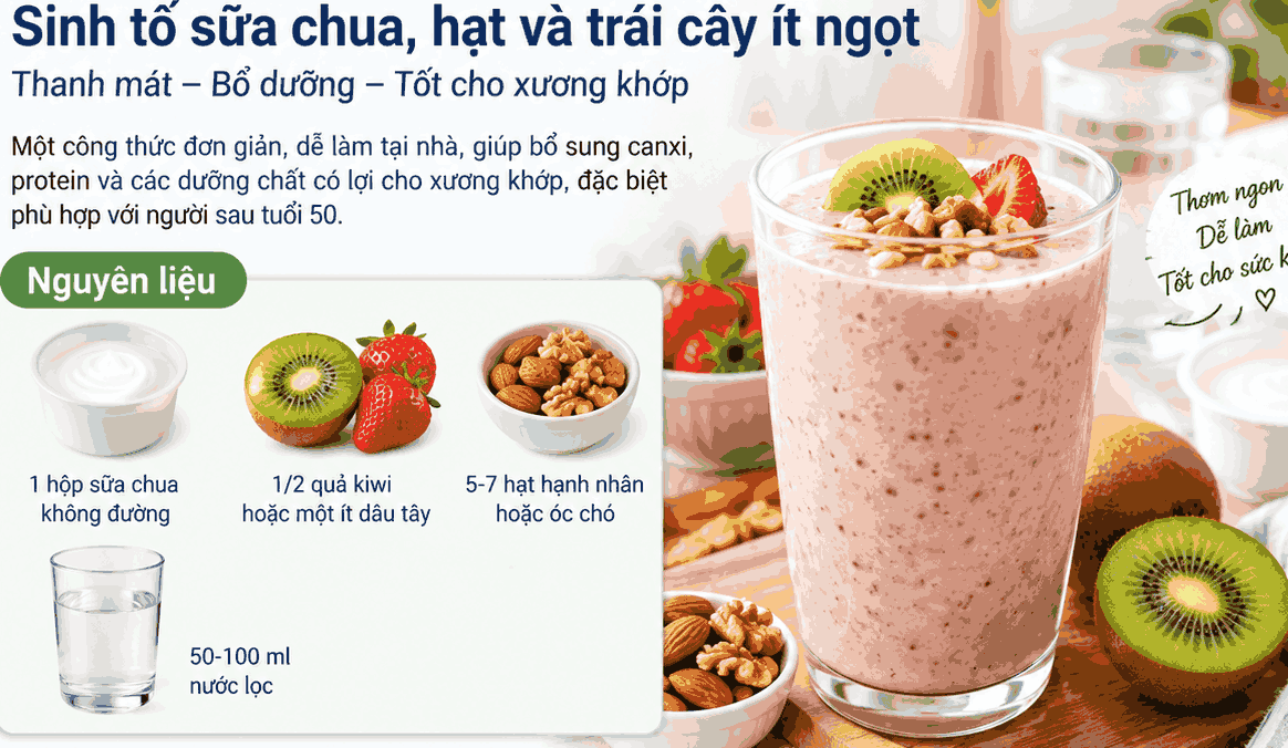 Nut and low-sugar fruit yogurt smoothies are good for the bones and joints of people after 50 years old. Graphic photo: AI.