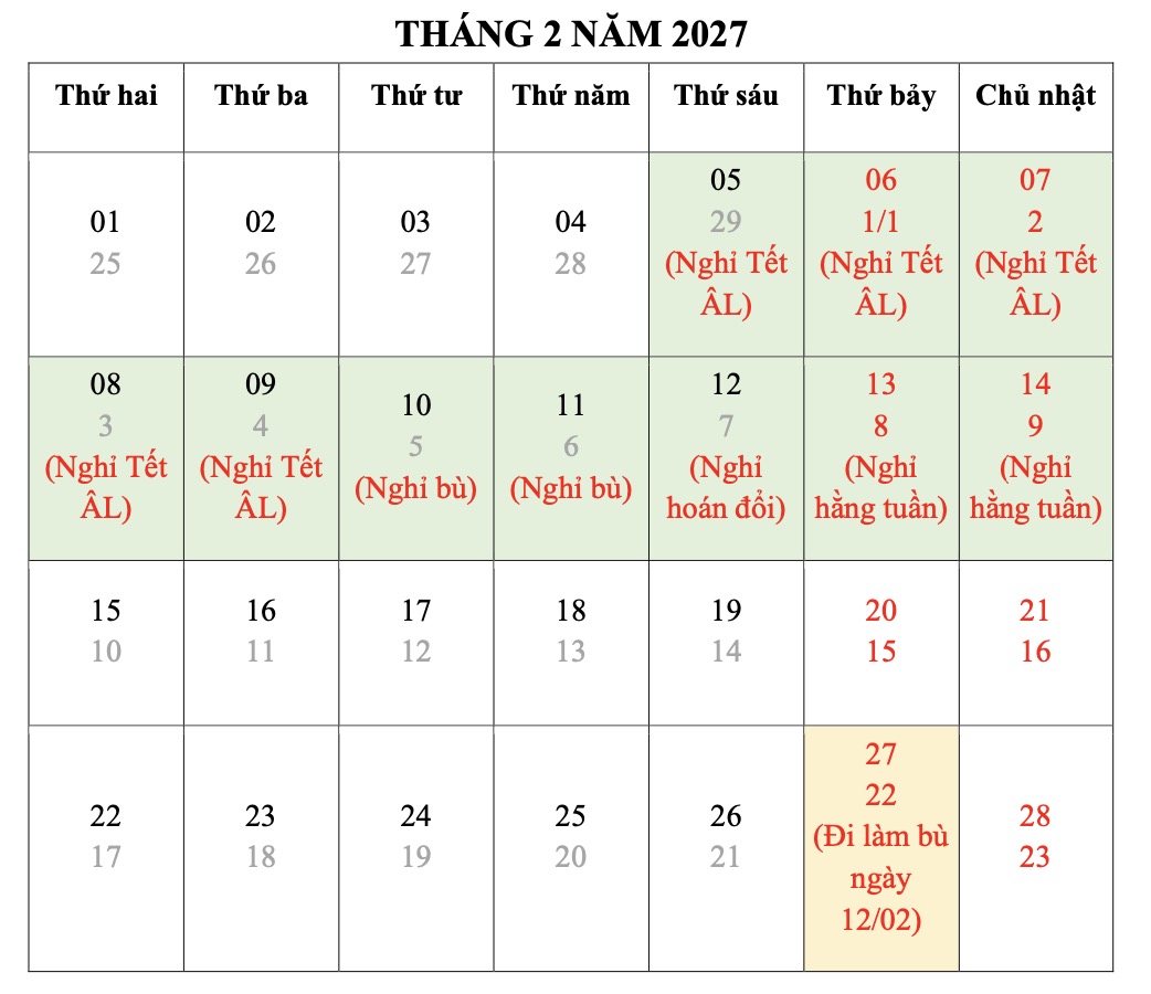 Phương án 2 nghỉ Tết Nguyên đán 2027. Ảnh: Bộ Nội vụ