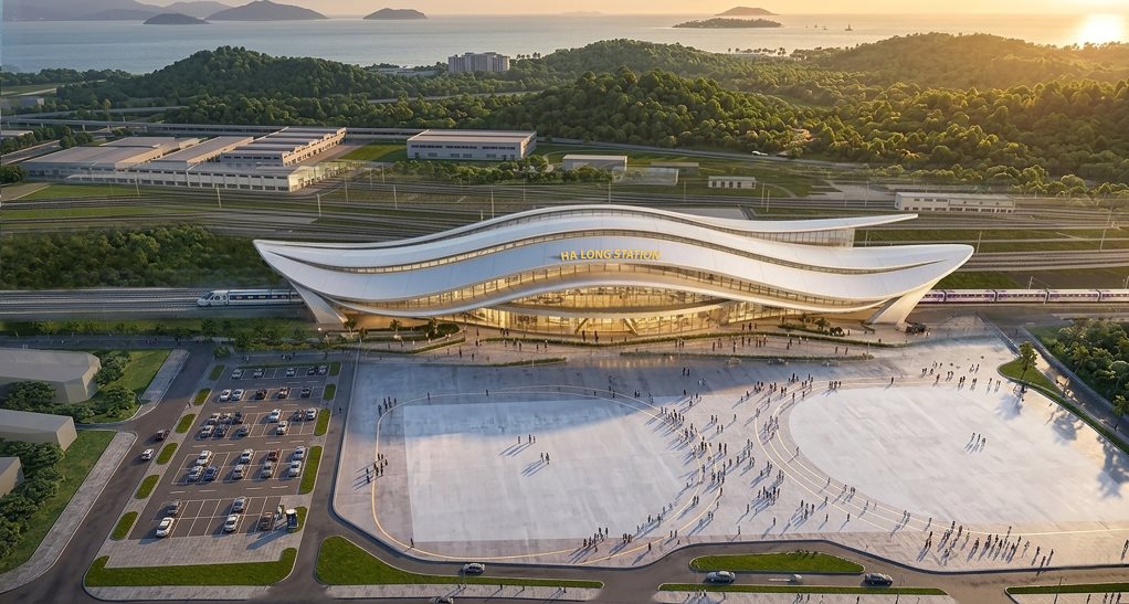 Perspective of Ha Long station, Tuan Chau ward, Quang Ninh city - the end point of the Hanoi - Quang Ninh high-speed railway line. Photo: Vingroup
