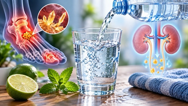 충분한 물을 마시는 것은 소변량을 늘리고 신장이 요산을 몸 밖으로 배출하는 것을 돕습니다. AI 생성 사진