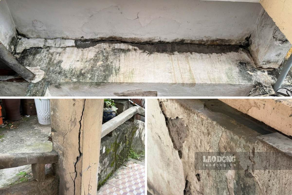 Khu tập thể 15C Trần Khánh Dư xuất hiện nhiều vết nứt tại trần nhà, hành lang. Ảnh: Song Anh