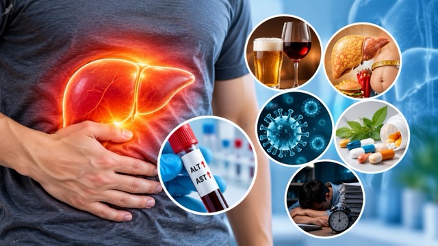 Increased liver enzymes may be related to alcohol, fatty liver, viruses, drugs or lifestyle. Image created by AI