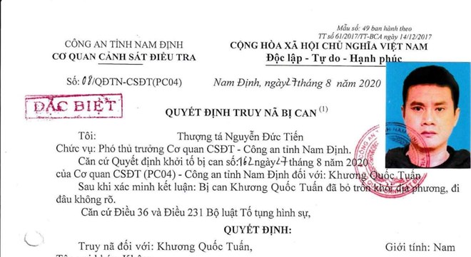 Công an Ninh Bình truy nã Khương Quốc Tuấn bị khởi tố vận chuyển ma túy