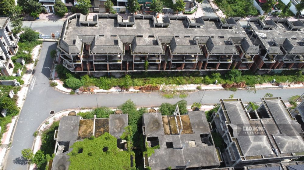 Bên ngoài một khu nhà đã quây tôn, bên trong cỏ mọc um tùm. Ảnh: HAC