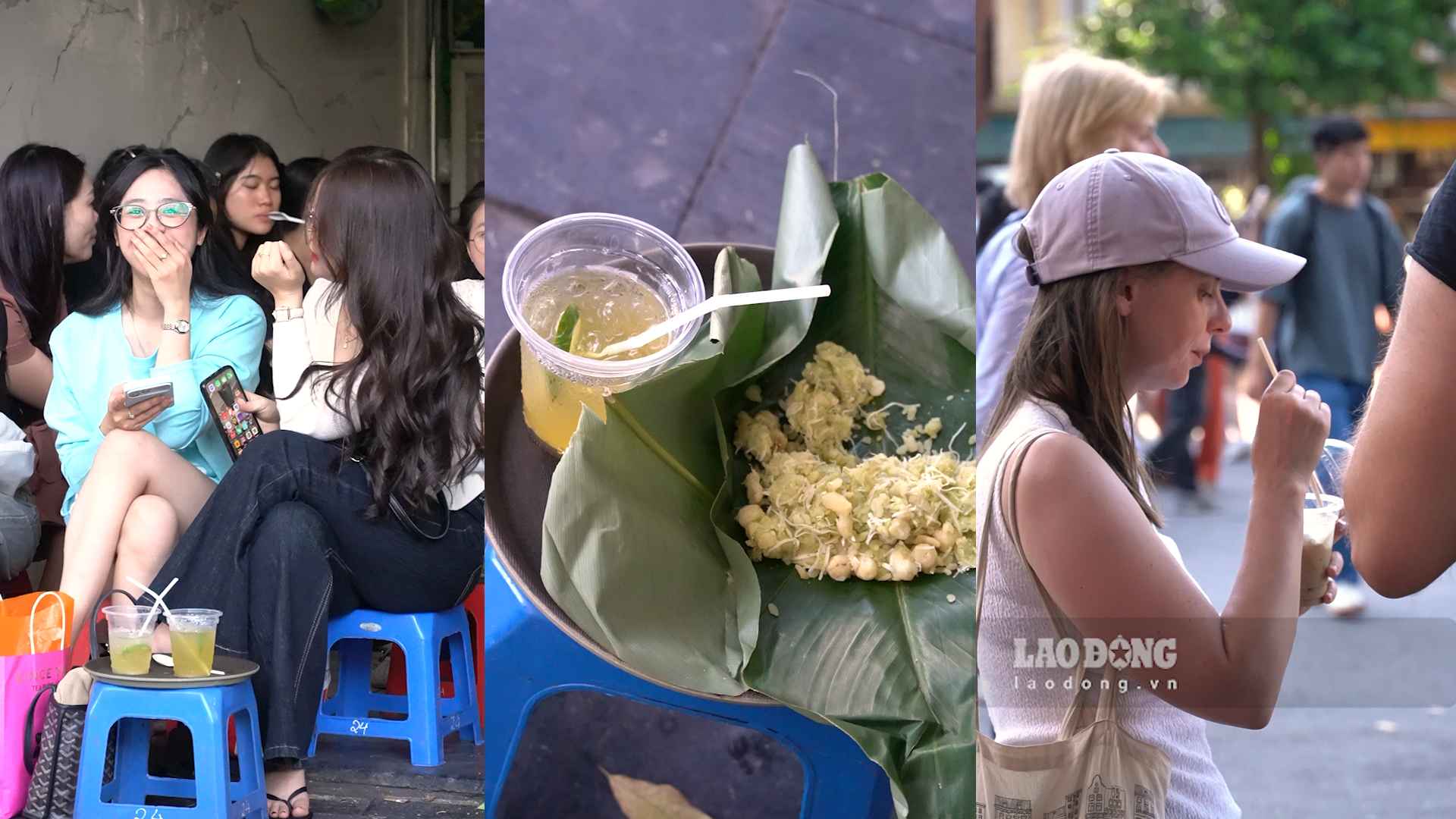 Nhiều bạn trẻ cũng tranh thủ những ngày đầu thu để thưởng thức cốm - thức quà mang hương vị đặc trưng của Hà Nội. Ảnh: An Phương