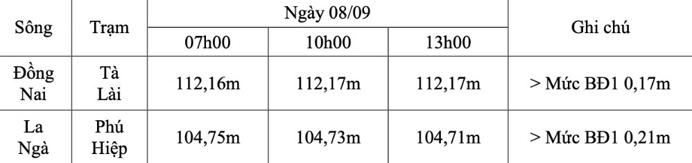 Diễn biến mực nước tại các trạm trong thời gian qua. Ảnh: Đài Khí tượng thủy văn TP Đồng Nai
