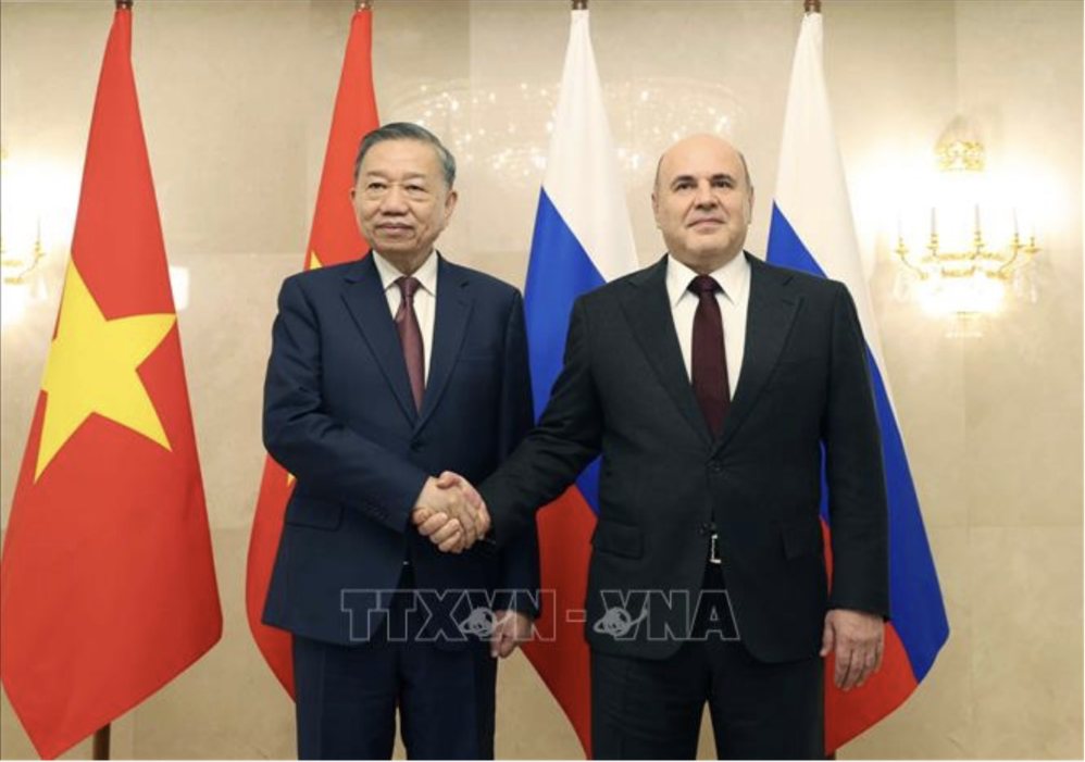 General Secretary and President To Lam meets with Russian Prime Minister Mikhail Mishustin. Photo: VNA