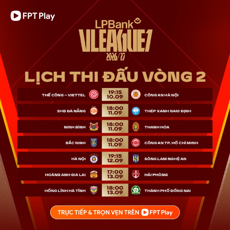 Lịch thi đấu vòng 2 V.League 2026-2027. Ảnh: FPT Play