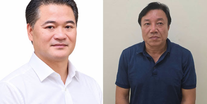 Phó Chủ tịch UBND tỉnh Phú Thọ Nguyễn Huy Ngọc và bị can Lê Đình Thanh Sơn (từ phải qua). Ảnh: Bộ Công an