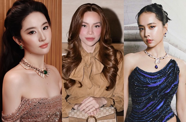 Lưu Diệc Phi, Hồ Ngọc Hà, Thái Y Lâm together present at Bvlgari's jewelry exhibition in Shanghai, China. Photo Xinhua/Artist provided