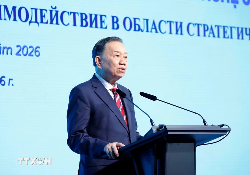 General Secretary and President To Lam speaks at the Vietnam - Russia Science and Technology Forum. Photo: Thong Nhat/VNA