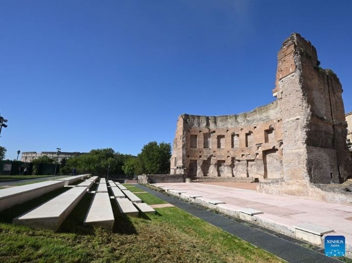 Khu vực sảnh vòm bán nguyệt phía Tây Nam của quần thể Nhà tắm Trajan (Rome), nơi được cho là thư viện cổ thế kỷ thứ 2. Ảnh: Xinhua