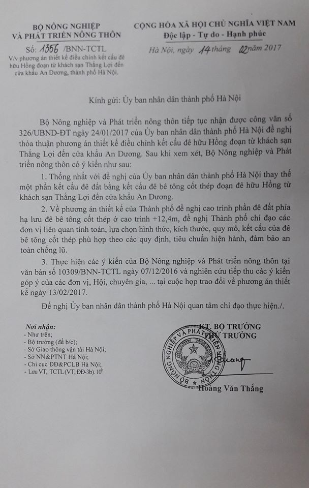 Công văn số 1356/BNN-TCTL về phương án thiết kế điều chỉnh kết cấu đê hữu Hồng đoạn từ khách sạn Thắng Lợi đến cửa khẩu An Dương, TP.Hà Nội.