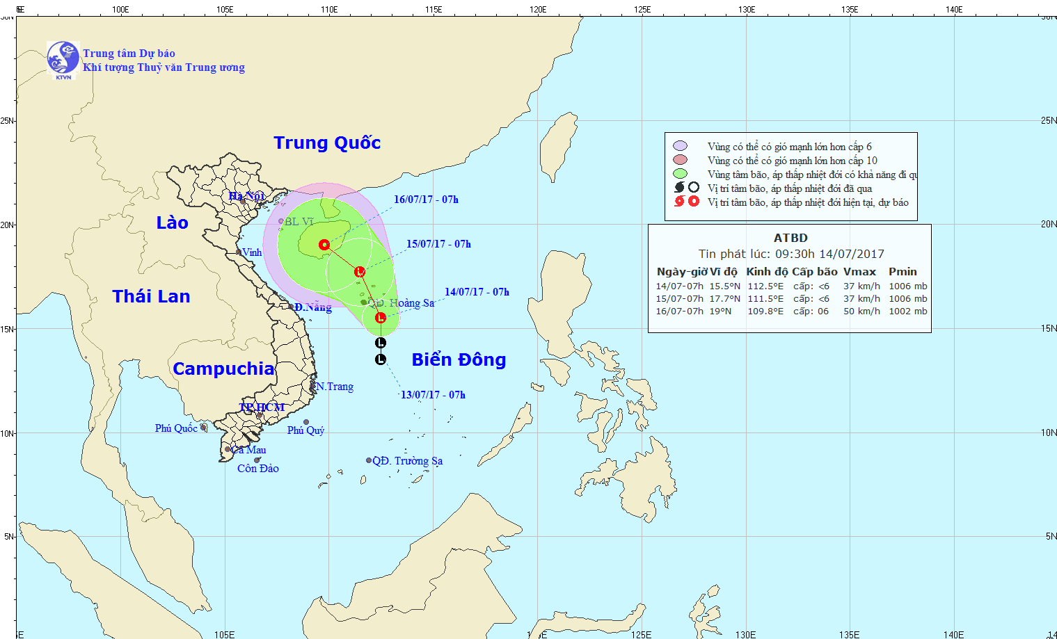 Vị trí và hướng đi của áp thấp sáng 14.7