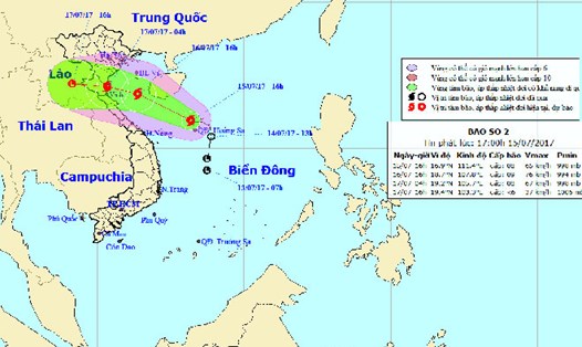Vị trí và hướng đi của bão số 2 lúc 16h chiều ngày 15.7. Ảnh:kttv.gov.vn