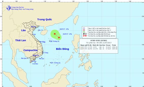 Vị trí vùng áp thấp trên biển Đông sáng 21.7. Ảnh: KTTV