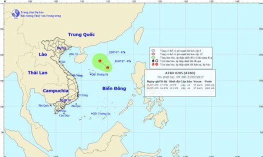 Vị trí vùng áp thấp trên biển Đông sáng 21.7. Ảnh: KTTV