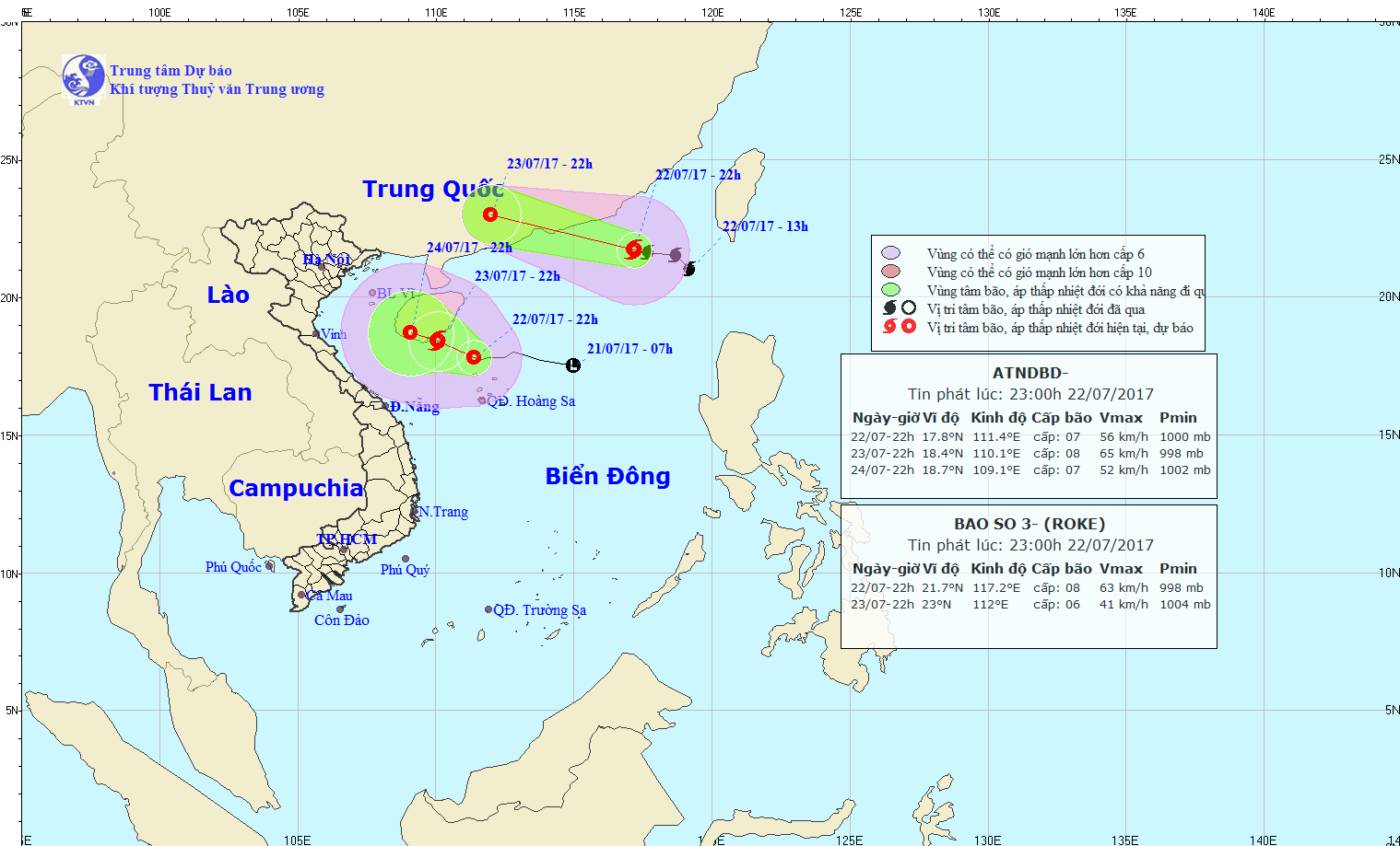 Vị trí của bão số 3 và áp thấp nhiệt đới chiều tối 22.7. Ảnh: Theo TTDBKTTV T.Ư