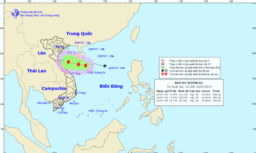 Vị trí, hướng đi của bão số 4 do Trung tâm DBKTTV T.Ư cập nhật lúc 14h30 ngày 23.7.
