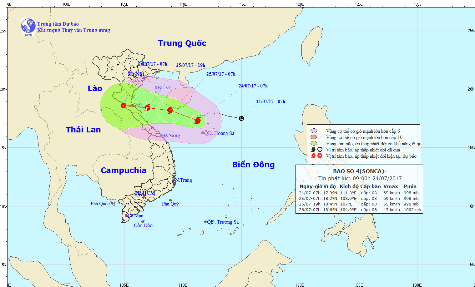 Đường đi và vị trí của bão Sơn Ca lúc 10 giờ ngày 24.7. Ảnh: Theo TTDBKTTV  Trung ương.