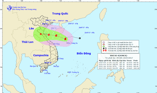 Đường đi và vị trí của bão Sơn Ca lúc 10 giờ ngày 24.7. Ảnh: Theo TTDBKTTV  Trung ương.