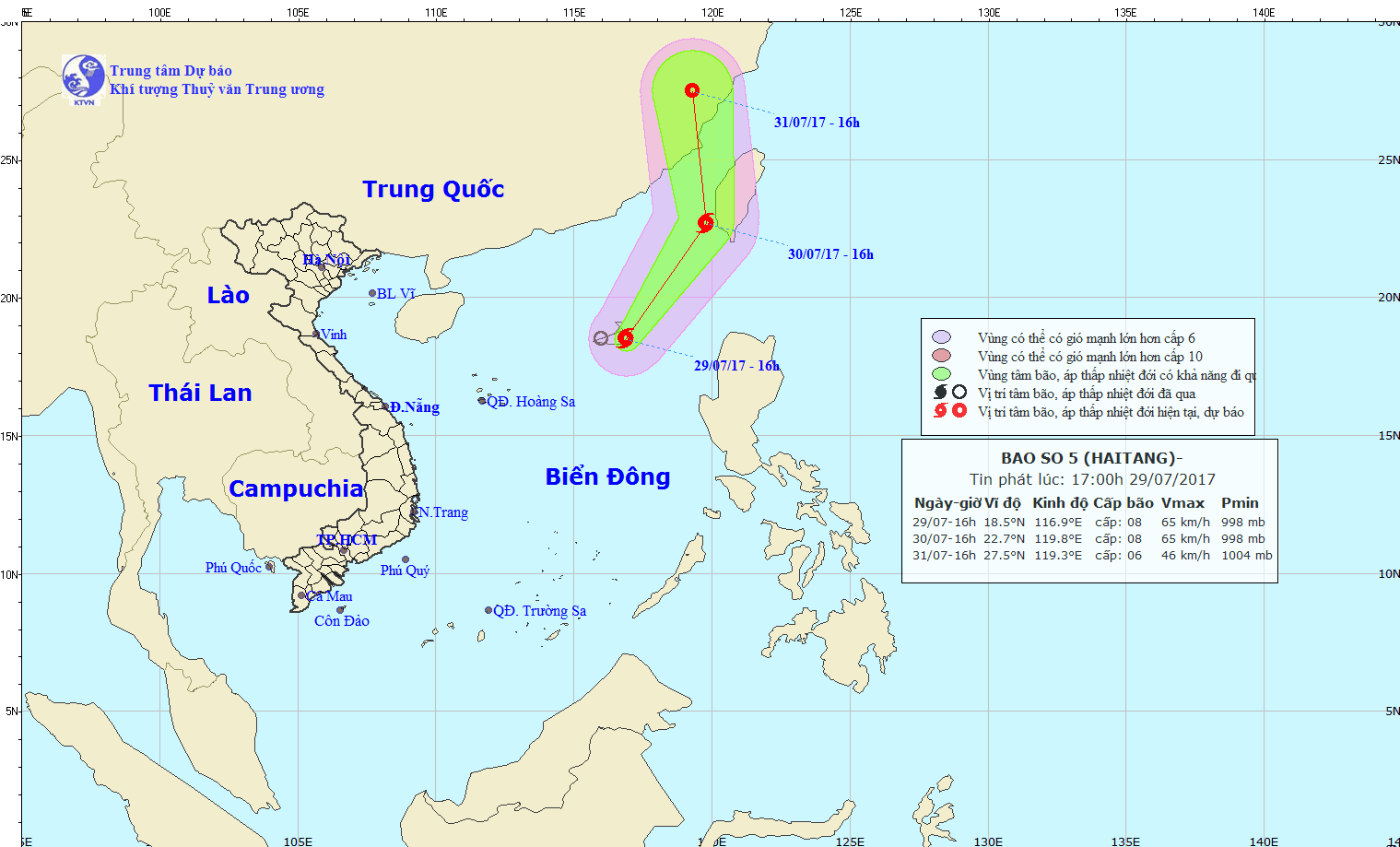 Hướng đi của bão số 5 lúc 16 giờ ngày 29.7. Ảnh: Theo kttv.gov.vn