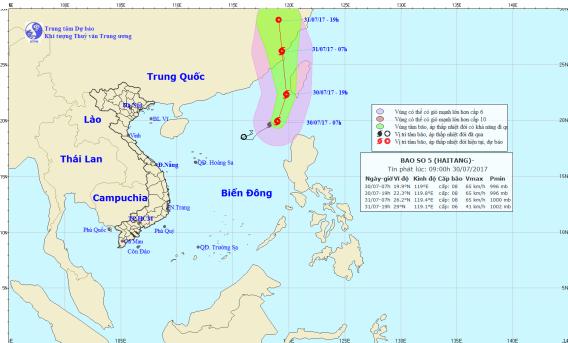 Vị trí và hướng đi của bão lúc 10 giờ sáng 30.7. Ảnh: Theo kttv.gov.vn
