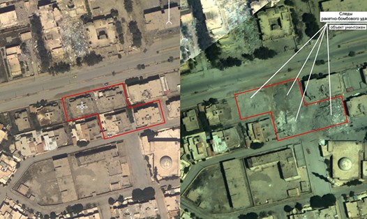 Ảnh chụp ngày 13.5 (bên trái) và ảnh chụp ngày 28.5 sau cuộc không kích của Nga vào Raqqa. Ảnh: SP